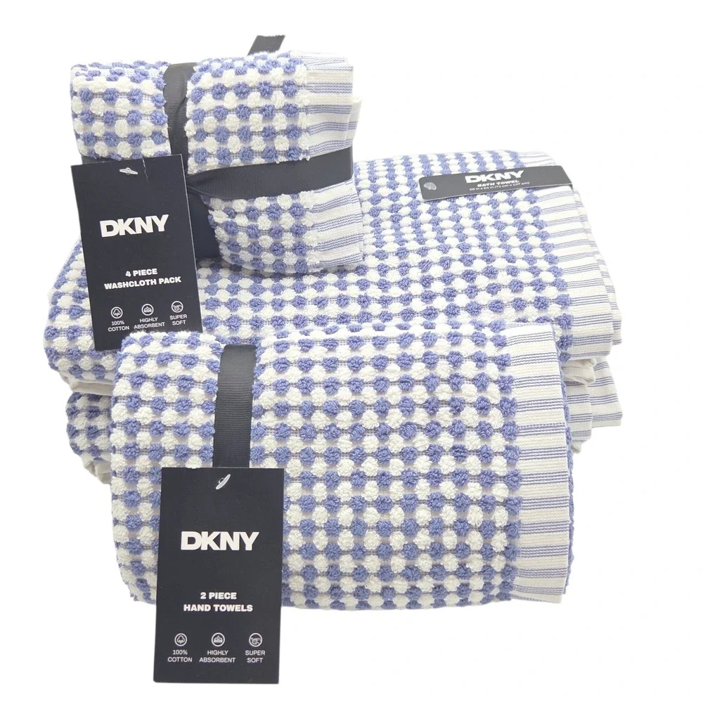 DKNY 8pc Cotton Towel Set 2 Bath 4 Wash 2 Hand  Blue And White Monet Tile Magnet